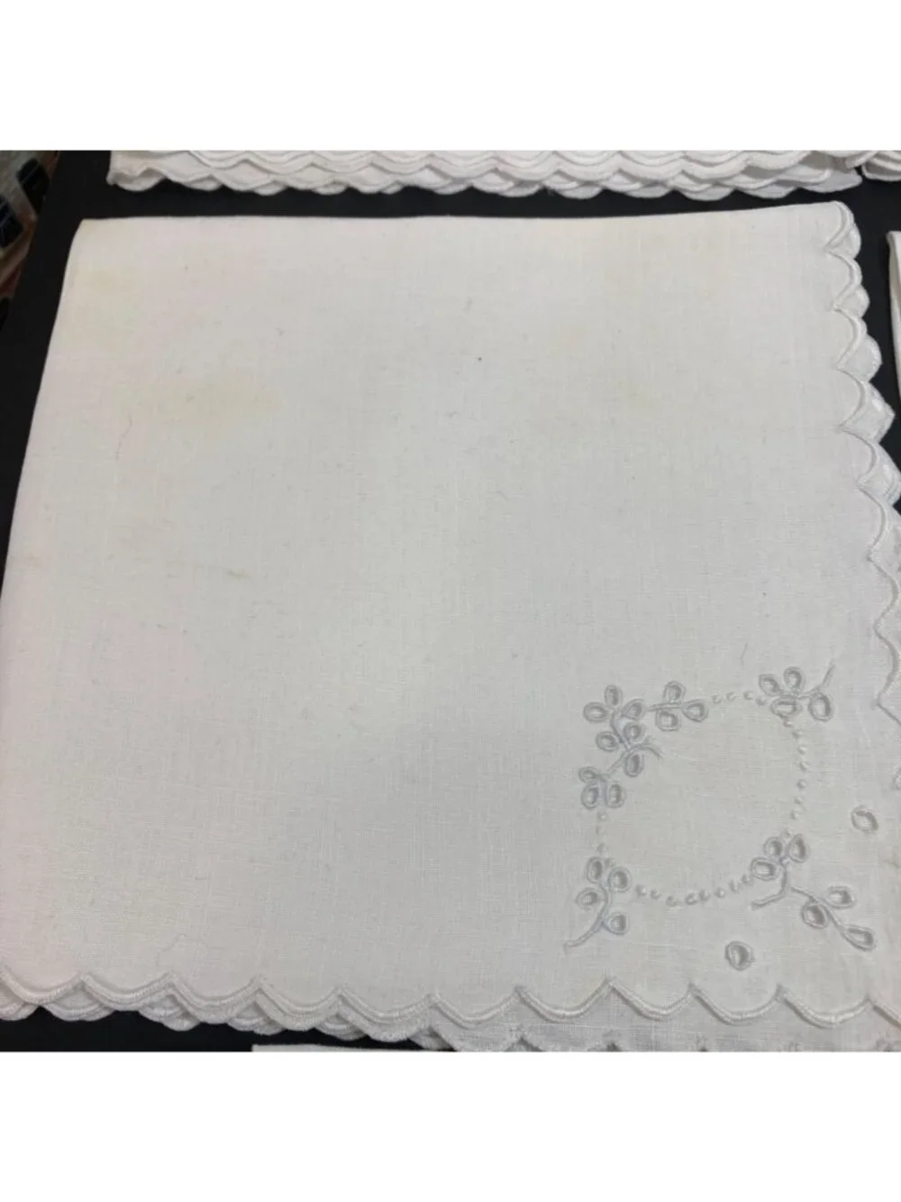 Vintage Linen Napkins White Embroidered Square 6.5 inches Flaws some Yellowing